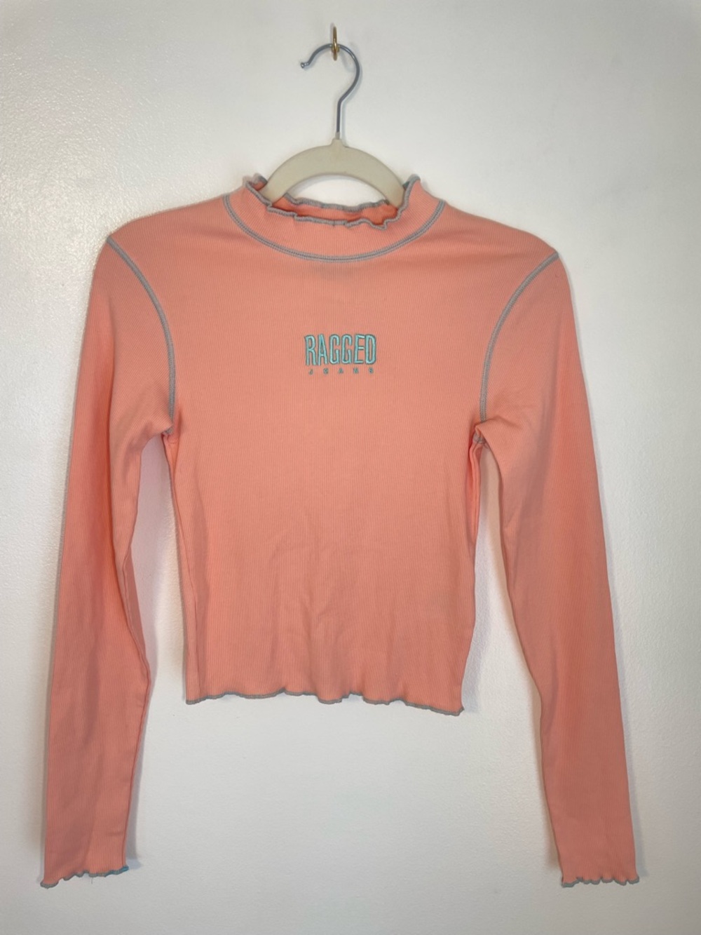 Ragged Jeans orange and blue y2k long sleeve top with embroidered logo small